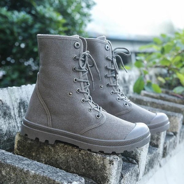 Moda Botas De Lona Para Hombre Botas Para Hombre Zapatos De CañA Alta Para Hombre Trabajo Masculino Caza Costuras Lona Zapatos De Motocicleta BotíN 45 39 Gris-image