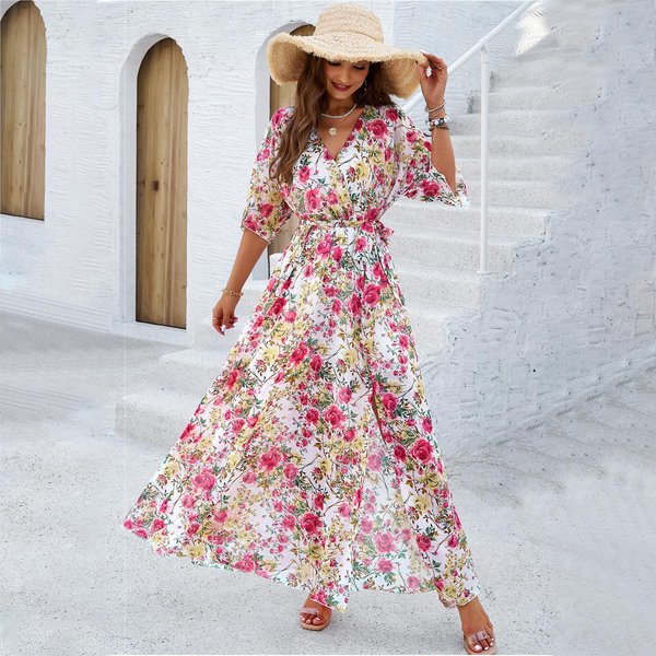 Vestido Elegante Con Estampado CeñIdo A La Cintura Para Mujer, Con Temperamento De Primavera Y Verano XL Gray-image