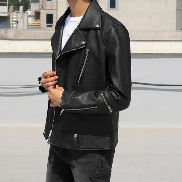 Chaqueta De Cuero Para Hombre Tendencia Chaqueta De Cuero Coreana Para Hombre Juventud Ajustada Cuello Alto Chaqueta De Motociclista Chaqueta De Primavera Y OtoñO Para Hombre L Negro-image