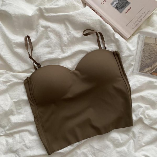 Top Na RamiąCzkach PrążKowany Dzianinowy Halter Crop Topy Damskie Letnie Koszulki Na RamiąCzkach Biustonosz Z WkłAdkami Koszulka Modny Casualowy Rurkowy Damski Bez RęKawóW KróTki Kamizelka L Kawowy-image