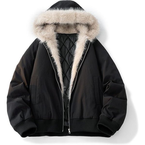 Kurtka Zimowa MęSka Z Futrzanym KołNierzem Parka Gruba CiepłA Kurtka Oversize LuźNa Codzienna Kurtka Z Kapturem Streetwear Fajna M Czarny-image