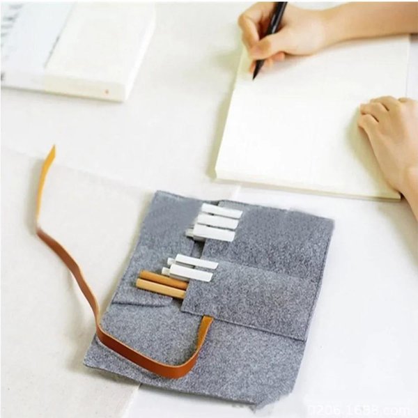 Estuche Para LáPices Sencillo De Gran Capacidad, PortáTil, Con Cortina Para BolíGrafos, Para Estudiantes, PapeleríA, Almacenamiento, Bolsa Para BolíGrafos De Tela De Fieltro Para Pintar, Estuche Enrollable Para LáPices Gris Claro-image