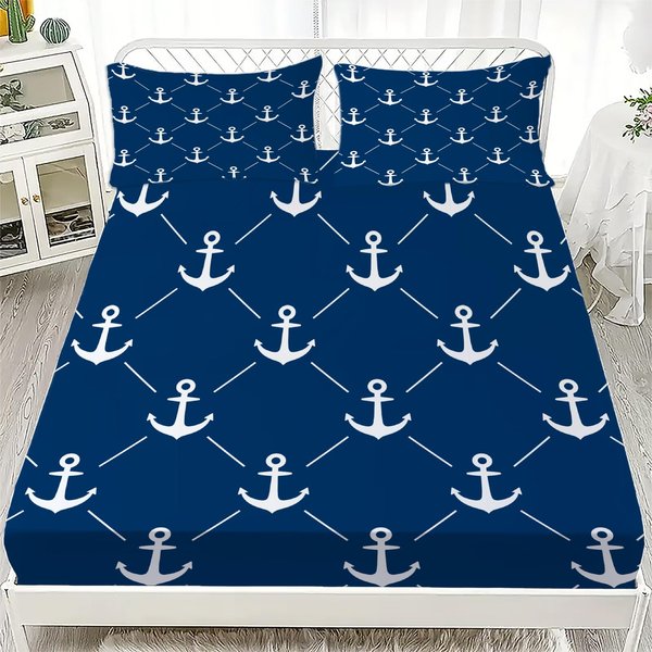 Juegos De Cama NáUticos Nuevos OcéAno Ancla SáBana Bajera Ajustable EspíRitu OceáNico Queen Individual Ropa De Cama Con Funda De Almohada Regalo Para Adolescentes NiñOs 90X200Cmx25 White-image