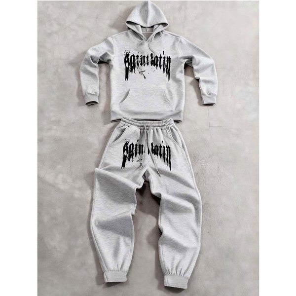 Conjunto Informal De Sudadera Con Capucha Y Pantalones Deportivos Para Hombre De Moda Con Estampado De Letras Y Bolsillo Con CordóN Conjunto De Dos Piezas Para Exteriores Informal Deportivo Xxxl Gris-image