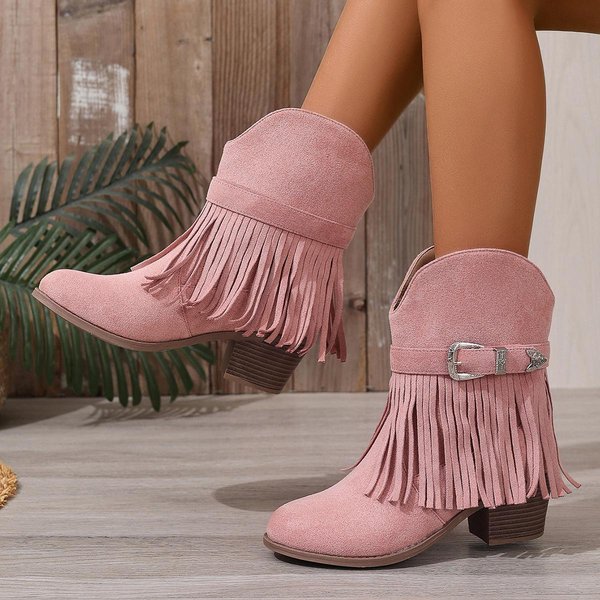 Jesień Zima Vintage Zachodnie Kowbojskie Damskie Buty Z FręDzlami Gruby Obcas Modne Buty Retro Zamek Do PołOwy ŁYdki Nit Damskie Buty 42 RóżOwy-image