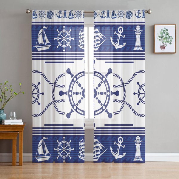Ster Kotwica Niebieskie Paski Przezroczyste ZasłOny Do Dekoracji Salonu ZasłOny Okienne Do Kuchni Tiulowe Woalowe Organzowe ZasłOny W135 X H115Cm X1 Blue-image