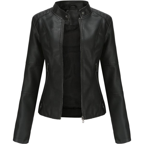 Chaqueta De Cuero Para Mujer, Chaqueta Fina Para Mujer, Chaqueta Fina Para Primavera Y OtoñO, Chaqueta De Moto Para Mujer, Chaqueta De Cuero Con Cuello Alto De Talla Grande 4XL Black-image