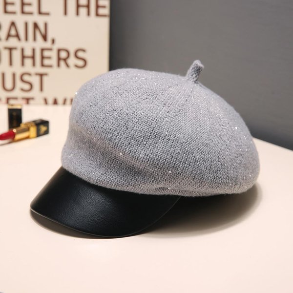 Boina De Lentejuelas Estilo PequeñA Fragancia VersáTil Coreana OtoñO E Invierno Retro BritáNico CáLido Sombrero Octogonal Sombrero Casual Para Exteriores Mujer One Size Gray-image