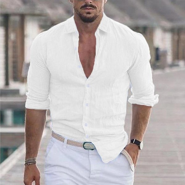 Camisas De Lino Y AlgodóN Para Hombre, Camisa Hawaiana Lisa Con Cuello Vuelto, Camisa Blanca Ligera Y Transpirable, Ropa Informal De Talla Grande XXL Blanco-image