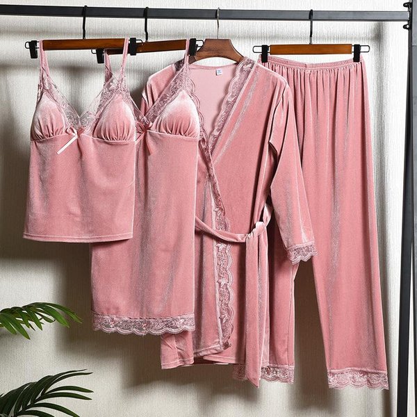 Pijama Nuevo De Terciopelo Para Mujer Set De Cuatro Piezas OtoñO Invierno Ropa De Dormir Bata CamisóN Sexy Con Ribete De Encaje LenceríA Ropa De Noche Holgada Para Estar En Casa 2XL White-image