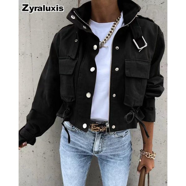 Jesień Zima Nowa Damska Moda Drukowana KróTka Casualowa Kurtka Top M Czarny-image
