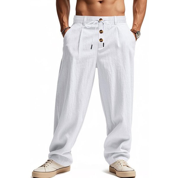 Pantalones Largos Casuales Deportivos Sueltos De AlgodóN Lino Transpirables Para Hombre - ColeccióN Primavera/Verano S Blanco-image