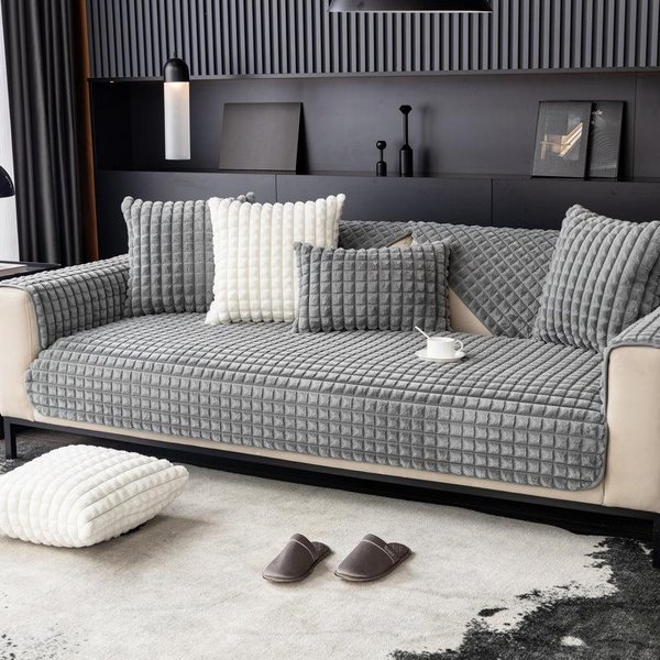 CojíN De Sofá Invierno Felpa Antideslizante Engrosado Tela Cubierta De Sofá CojíN Felpa De Conejo Cubierta De Sofá Toalla De Sofá Universal Para Todas Las Estaciones 70*70Cm Gray-image