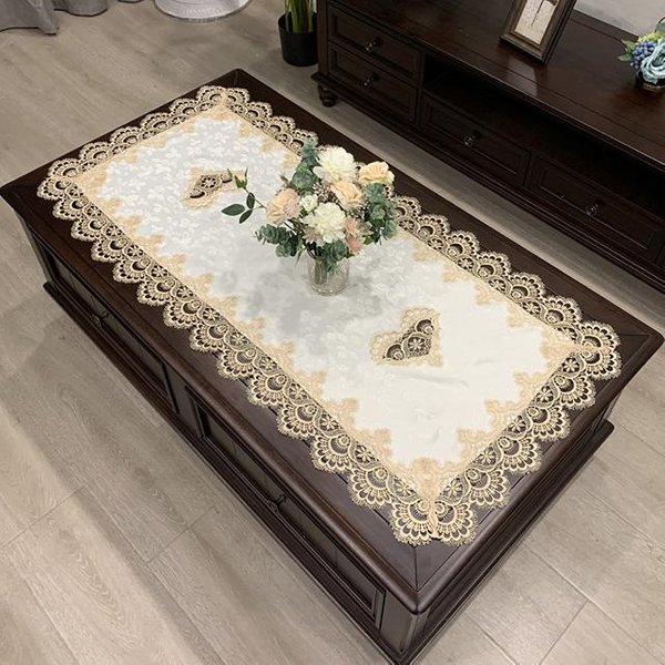 Obrus ProstokąTny Obrus Europejski Haftowany Pokrowiec Na Stolik Kawowy Stół Zachodni Herbata Kwiat Jednolity Kolor Tkanina Koronka KsiążKa 60X120Cm-image
