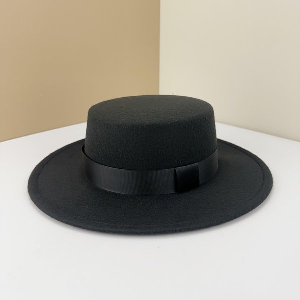 Sombrero De Copa BritáNico Negro Sombrero De Copa Plano Hepburn Caballero Sombrero De Jazz Ala Plana Lana Ala Ancha Sombreros Para Hombre Y Mujer Adjustable M (56-58Cm) Negro-image
