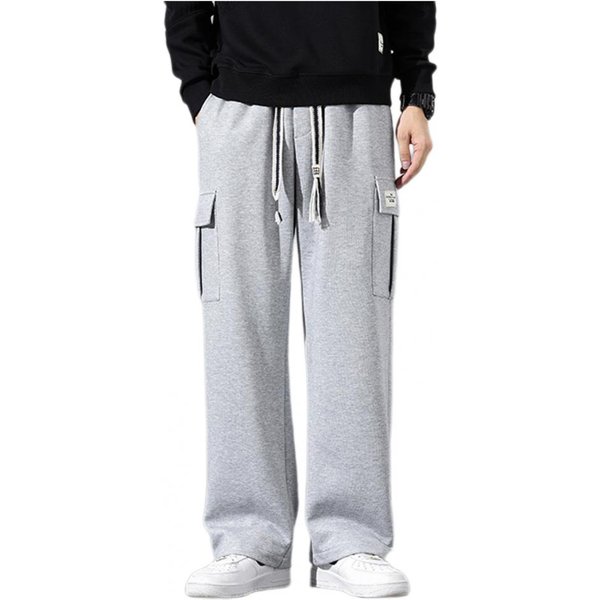 Ergonomiczny Design Spodnie MęSkie MęSkie Elastyczny Pas Ze Sznurkiem Szeroka Nogawka Spodnie Sportowe Z Wieloma Kieszeniami Do Noszenia Na Co Dzień Casual M Jasny Kolor Szary-image