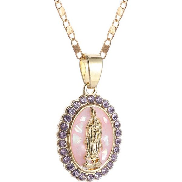 Klasyczny Katolicki Srebrny Kolor Dziewica Maryja Metalowy Medal Wisiorek Naszyjnik Religijny Styl Modlitwa Amulet BiżUteria Al20169-Pink-image