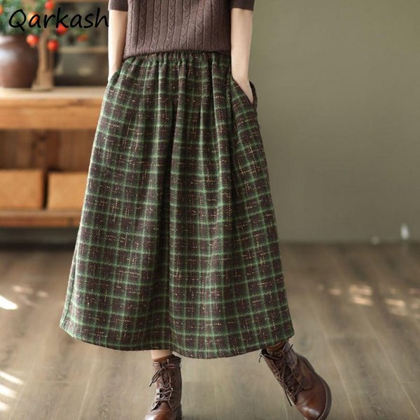 Faldas Midi De Cuadros Vintage Para Mujer Holgadas De Cintura Alta Corte A MáS Gruesas Estilo FrancéS Bolsillos Parte Inferior Mujer Moda Elegante L-image
