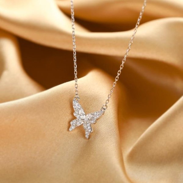Collar Con Colgante De Mariposa De Circonita Brillante De Plata De Ley 925 Para Mujer, Cadena De ClavíCula Sencilla Y Exquisita, Regalo De CumpleañOs Para Amigas, JoyeríA 45Cm-image