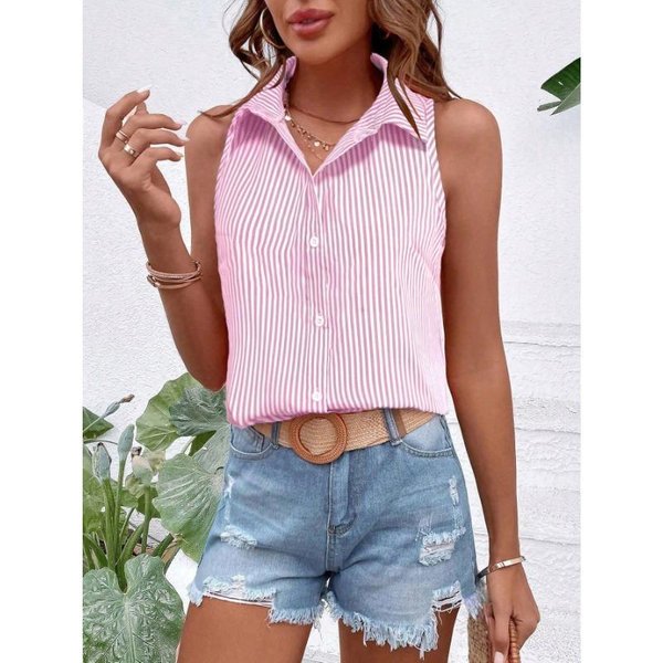 Camisa De Mujer Sin Mangas A Rayas Verdes Y Blancas Con Botones Y Cuello Top Casual De Verano 4XL Gray-image