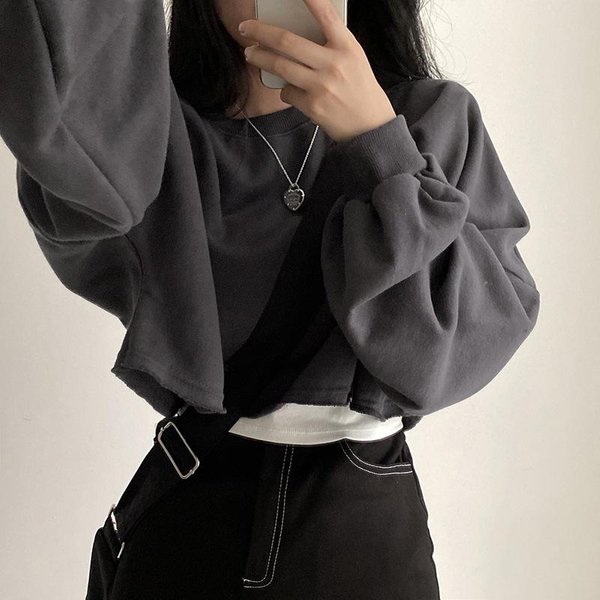 Sudadera Corta Para Mujer OtoñO Coreana Color SóLido Nueva Suelta Trufa Cuello Redondo Top De SeñOra Para Mujer One Size Negro-image