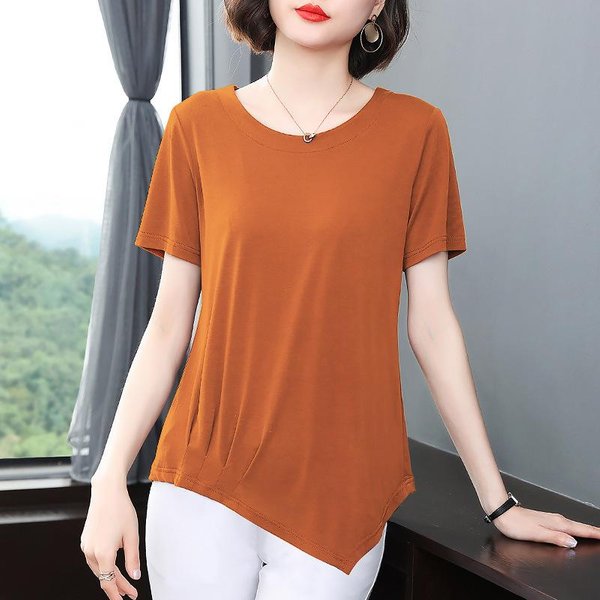 Camiseta Irregular De Manga Corta Para Mujer, Estilo Nuevo De Verano, Camiseta Para Madre, Talla Grande, Top Para Cubrir El Vientre De Mujer 5XL Brown-image