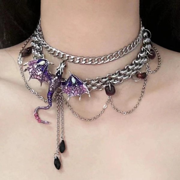 Gotycki Fioletowy LatająCy Smok Choker Naszyjnik Dla Kobiet KryształOwy Wielowarstwowy Metalowy ŁAńCuszek KołNierz Choker Naszyjnik Na Imprezę Punkowa BiżUteria-image