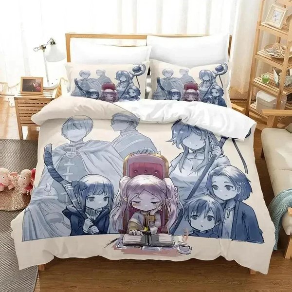 ImpresióN 3D Anime Nuevo Frieren Estampado Juego De Cama Funda NóRdica Funda De Almohada Juego De Ropa De Cama SáBana De Cama Funda De Colcha TamañO Completo Queen King 70X133Cm 2Pcs Gray-image