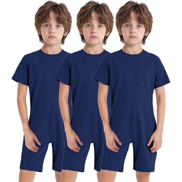 3 Piezas Ropa Adaptativa Especial Para NiñAs NiñOs Cuello Redondo Manga Corta Cremallera Trasera Invisible Mono De Color SóLido 3-4 Years Azul Oscuro-image