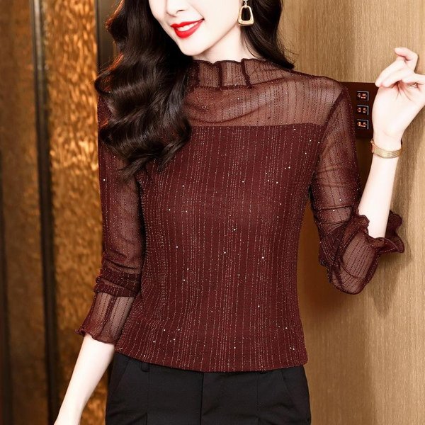 Nueva Camiseta Informal De Manga Larga Con Cuello Alto, De Seda Brillante Y Estilo OtoñAl, Ajustada Y VersáTil, Para Mujer. 3XL Brown-image