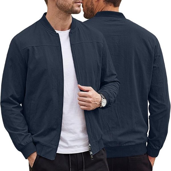 Chaqueta Bomber Ligera Para Hombre Con Cremallera Casual Color SóLido Manga Larga Chaqueta De Vuelo Primavera OtoñO Streetwear Ropa De Abrigo Masculina 2026 L Azul Marino-image