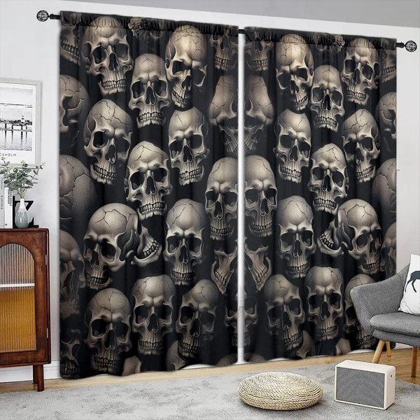 ZasłOna Z Nadrukiem Czaszki Do Dekoracji Domu - Kieszeń Na Karnisz, Dekoracja Okienna Do Sypialni, Kuchni, Salonu 52.5Cmx116Cm X 2Pcs-image