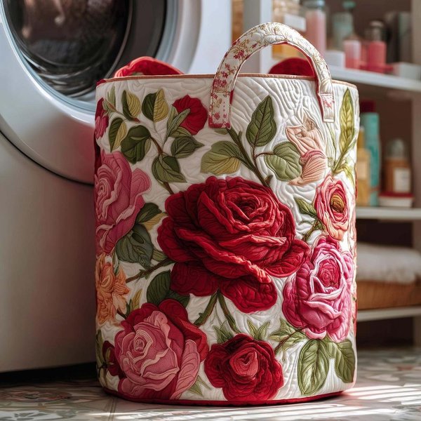 Boho Pikowany Kosz Na Pranie Z Tkaniny W Kwiaty 14×18 Cali Pojemnik Do Przechowywania Ubrań Z Uchwytami MięKki Kosz Do Przechowywania Ubrań I Zabawek-image