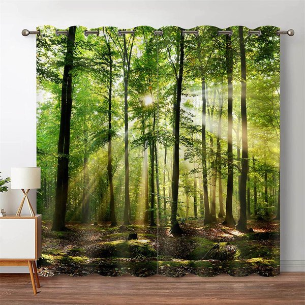 Cortina Blackout 3D Bosque ÁRbol Selva Escenario Natural Cortina De Ventana Sala De Estar Dormitorio Cascada Apertura Bipartita Izquierda Y Derecha 170W200H(Cm)67X79In&Grommet Top-image