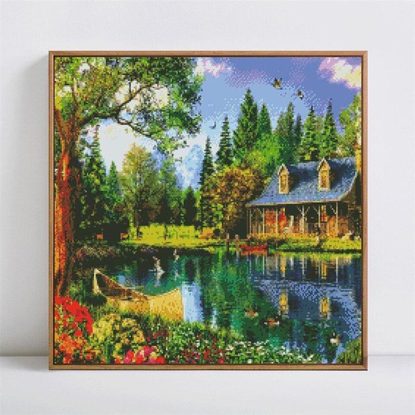 Pintura De Diamantes 5D DIY Paisaje Punto De Cruz Bordado De Diamantes Imagen CabañA PedreríA 30X30Cm-image