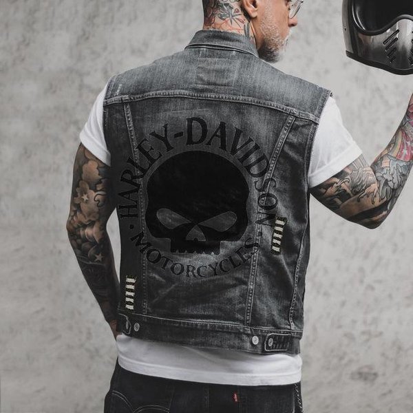 Punkowa Kamizelka Jeansowa Bez RęKawóW Z Nadrukiem Czaszki I WycięCiami Dla MężCzyzn Wiosna Jesień Uliczny Styl Motocyklowy Codzienna Kamizelka XL Ciemny Kolor Szary-image