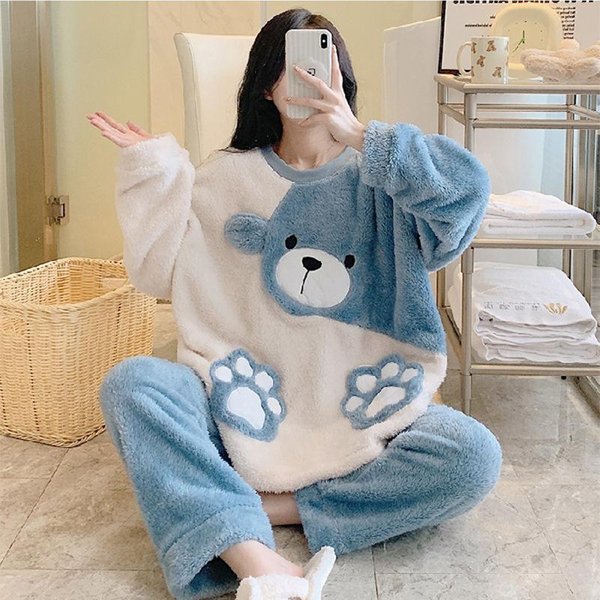 Conjunto De Pijama De Franela Para Mujer OtoñO E Invierno Pijama Con Estampado De Oso Lindo Conjunto De Ropa Para El Hogar Talla Grande Pijama Para NiñAs Pijama Para Mujer XL-image