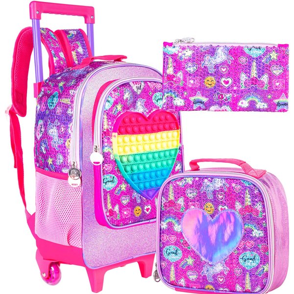 Mochila Con Ruedas Para NiñAs Y NiñOs, Mochila Escolar Infantil De Unicornio Y Dinosaurio Con Ruedas, Set De Maleta Y Mochila Escolar Pink-image