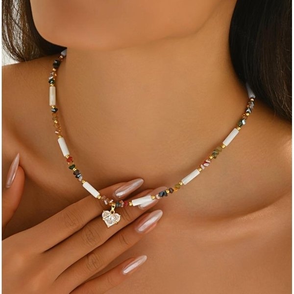 Collar De Cadena De Cuentas De Perlas Irregulares ImitacióN Elegante Boho Collar Choker Con Colgante De CorazóN Para NiñAs JoyeríA Vacaciones Fiesta Regalo-image