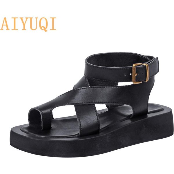 Sandalias Mujer Cuero Genuino Sandalias De Verano SeñOras Romanas Zapatos Muffin Sandalias 38 Negro-image