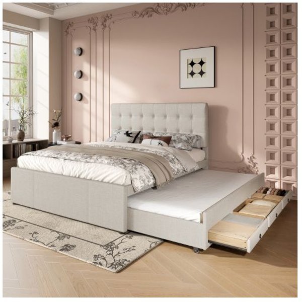 Cama Doble - Muvoe - 140X200 Cm - Beige - Cajones De Almacenamiento - Cabecero Ajustable-image
