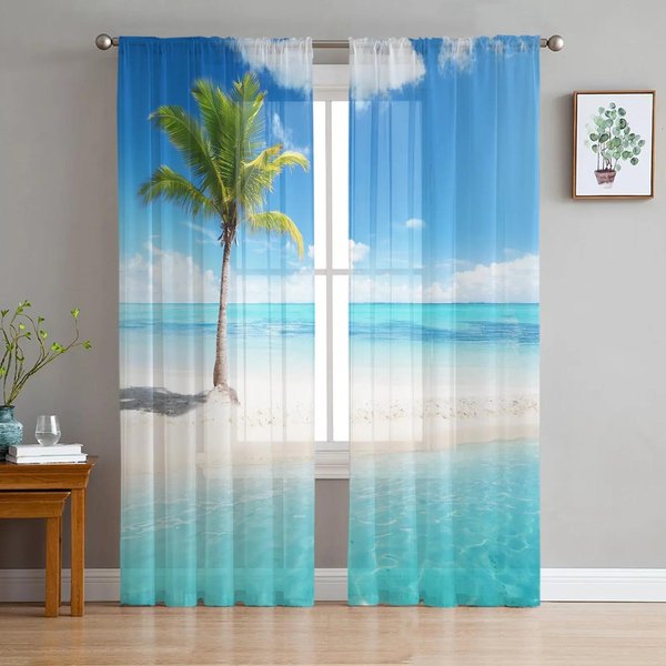 Cortinas Transparentes Con Paisaje Marino Y Atardecer En La Playa, Cortinas De Tul Para Ventana De Sala De Estar, Dormitorio, Cocina, DecoracióN Del Hogar, Cortinas De Gasa W135 X H115Cm X1&Grommet Top-image