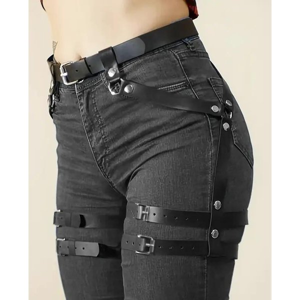 Modny Damski SkóRzany PU Harness Na Nogi Harness Na CiałO Piersi Punk Gotycki Paski Do PońCzoch Na Nogi Gotycki Pasek W Talii Akcesorium Do OdzieżY Gray-image