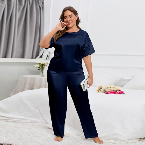 Pijama De Seda De Hielo Para Mujer De Manga Corta Y PantalóN Ropa De Casa Suelta Casual Talla Grande 3XL Gray-image