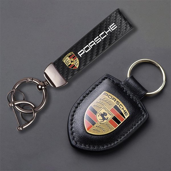 UQMW3 Emblema De Escudo De Coche Llavero De Cuero Llavero De Fibra De Carbono Para Porsche 911 718 Taycan Panamera Cayenne Macan Boxster Cayman Pajun-image