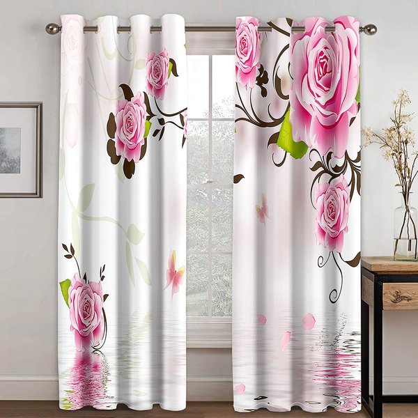 Cortinas Estampadas Con Superficie RomáNtica Del Agua En 3D, DiseñO De Rosas Para Sala De Estar, Dormitorio, Cortinas Rojas Y Blancas, Cortinas De Hotel 100W160H(Cm)40X63In&Grommet Top-image