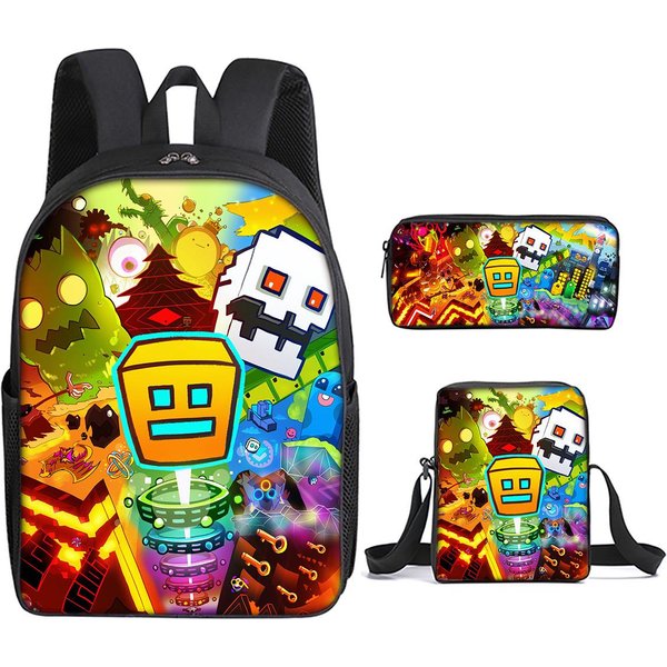 Moda Nowość Geometry Dash Druk 3D 3 Szt./Zestaw Uczeń Plecaki Szkolne Plecak Na Laptop Plecak SkośNy Plecak Na Ramię PióRnik-image