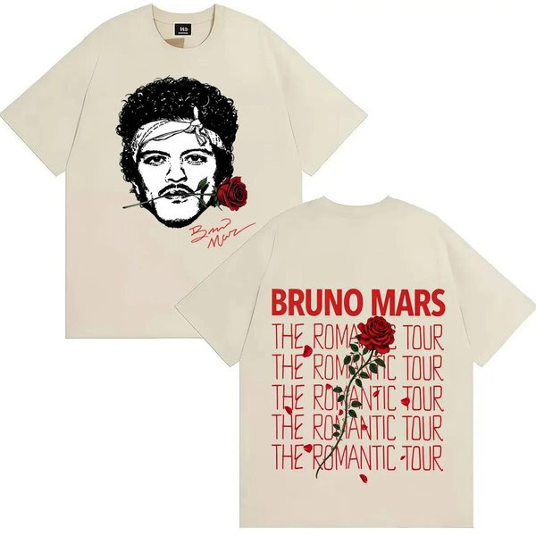 Rapper Bruno Mars La Gira RomáNtica 2026 Hip Hop Camiseta Hombre Mujer Estampado Doble Cara AlgodóN Manga Corta Camiseta Ropa Urbana M-image