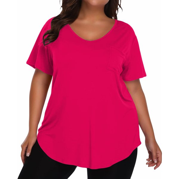 Camiseta De Mujer De Talla Grande, Color Casual, Cuello En V, Manga Corta. Xxxl De Rosa Caliente-image
