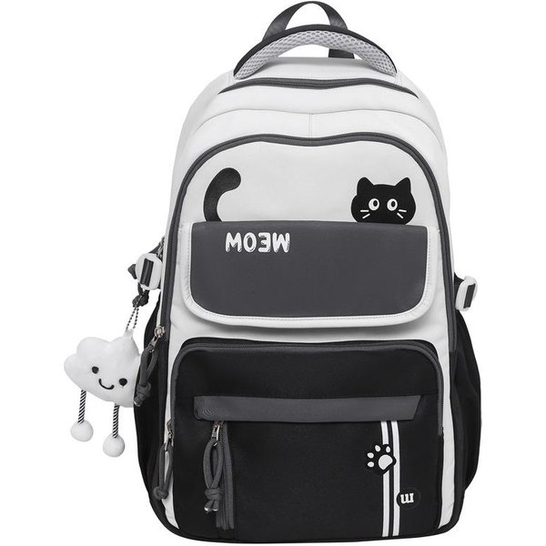 Mochila Escolar Linda Con Estampado De Gato Para NiñAs Gran Capacidad Bolso Para Estudiantes MúLtiples Bolsillos Ligera Mochila De Viaje Diaria Mochila Universitaria Negro-image
